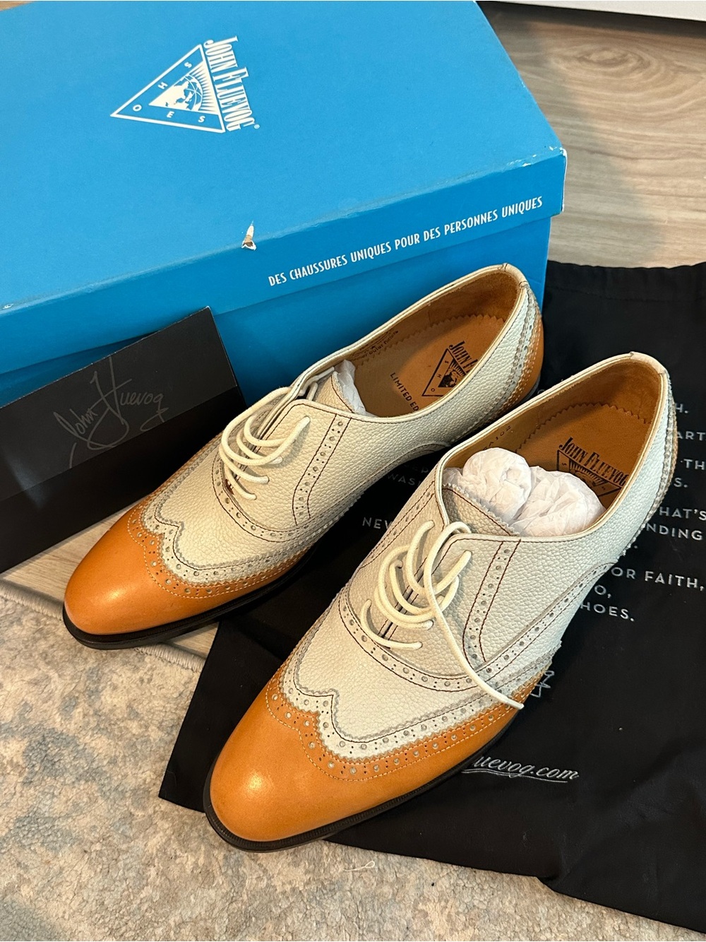 John Fluevog Two-Tone Tan and White Wingtip Oxfords